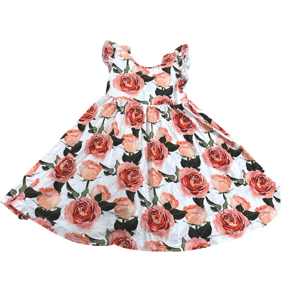 Bums & Roses Floral Ruffle Dress Toddler 2T Pink White Twirl Bamboo Viscose